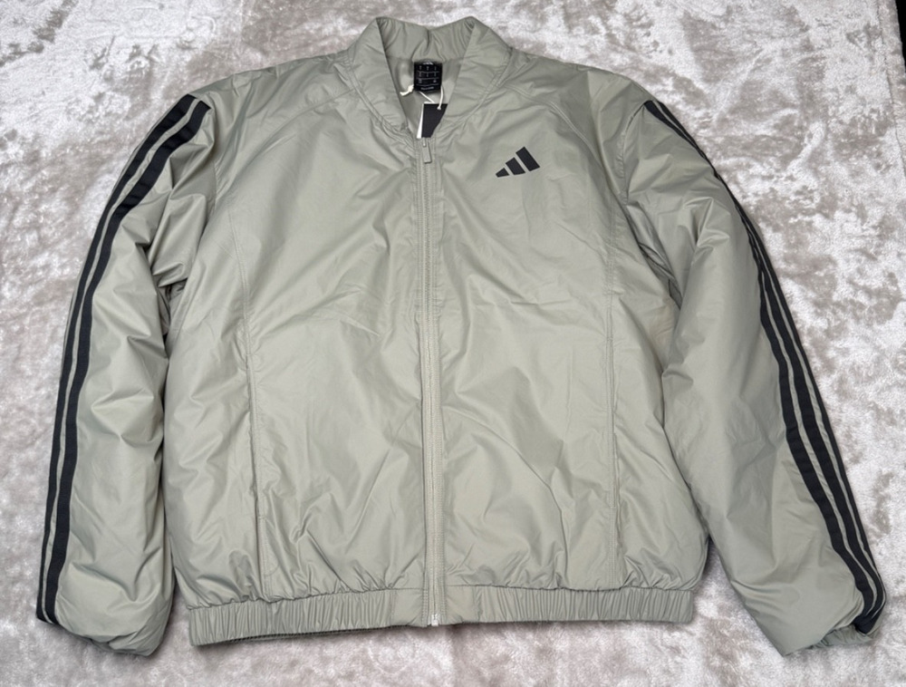 Adidas Essentials 3 Stripe Olive Green Insulated Bomber Jacket Mens Size L NWT